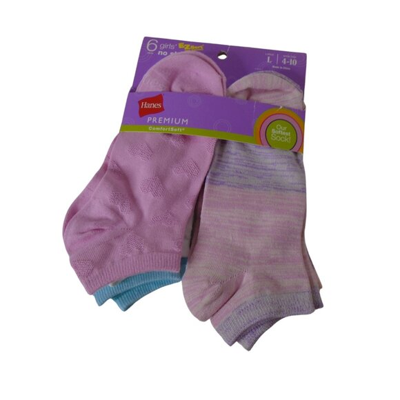 Hanes Girls No Show Premium Comfort 6 Pairs Large Socks Shoe Size 4-10 - Picture 1 of 5